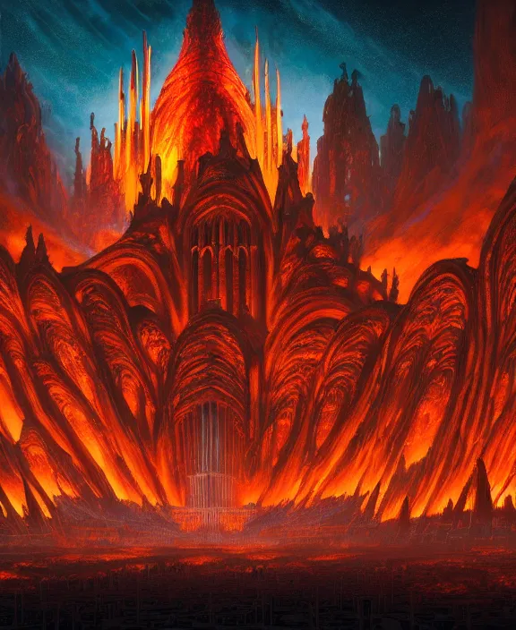 Prompt: a massive cathedral made out of biological forms, in the style of a spaceship, hellscape, hell, fire, brimstone, lava, by dan mumford, yusuke murata, makoto shinkai, ross tran, cinematic, unreal engine, cel shaded, featured on artstation, pixiv