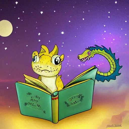 Image similar to cute dragon reading book under the stars, digital art