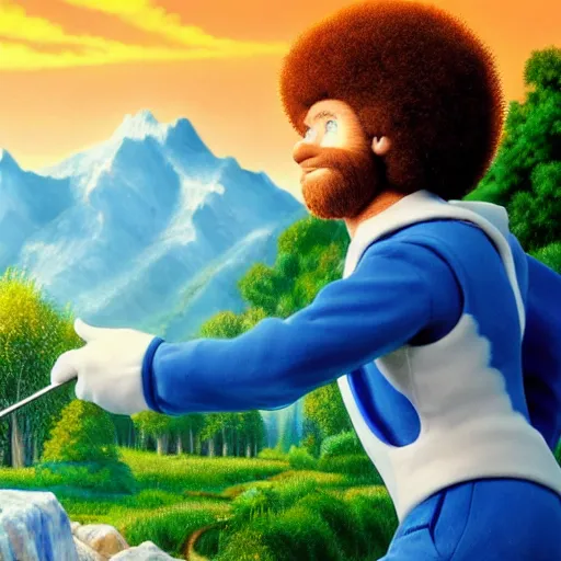 Image similar to a closeup photorealistic photograph of bob ross working on a canvas painting sonic the hedgehog. film still. brightly lit scene. mountains and trees. this 4 k hd image is trending on artstation, featured on behance, well - rendered, extra crisp, features intricate detail, epic composition and the style of unreal engine.