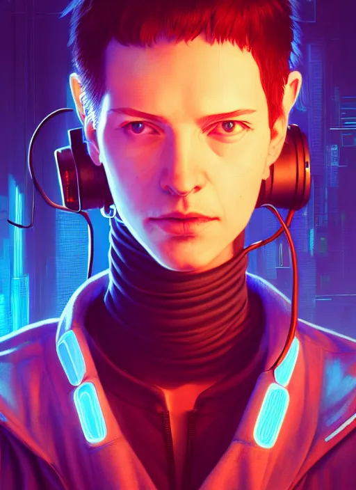 Image similar to highly detailed portrait of a cyberpunk sci - fi hacker, wires connect to the head, stephen bliss, unreal engine, greg rutkowski, loish, rhads, beeple, makoto shinkai and lois van baarle, ilya kuvshinov, rossdraws, tom bagshaw, alphonse mucha, global illumination, detailed and intricate environment