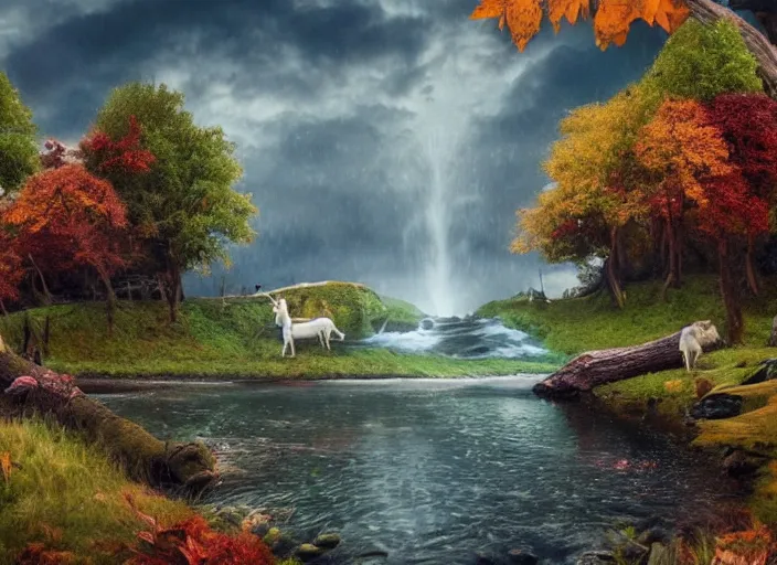 Image similar to unicorns in an autumnal landscape, river and waterfalls, pretty tree with fruits, tormented sky with rain in the background, immaculate horns, little pixies and goblins playing, inspired by clark amanda