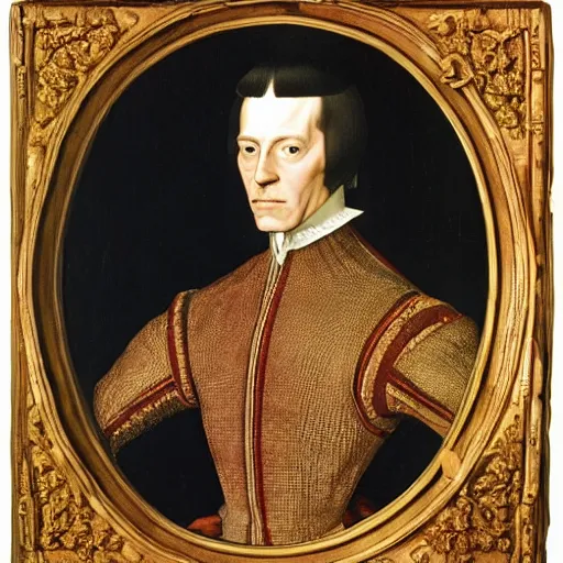 Image similar to a highly detailed portrait of miles edgeworth, wearing elegant tudor clothes, inside a room with thick red tapestries, oil painting by hans holbein and alessandro allori and richard burbage