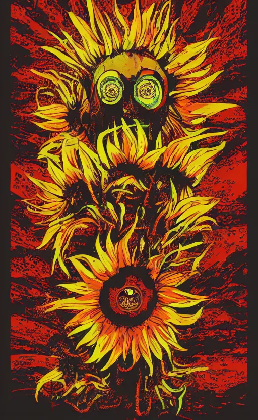 Image similar to 8 k cursed with necronomicon horrorcore cel animation poster depicting sunflowers spattered with blood, intricate, metropolis, 1 9 5 0 s movie poster, post - processing, vector art