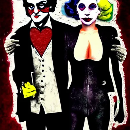 Image similar to mimmo rottela and banksy as joaquin phoenix skinny joker holding hand lady gaga harley queen, photorealistic, intricate details, pop art style, baroque, hyperdetailed, concept art, ultrarealistic, 3 colors, smooth, sharp focus