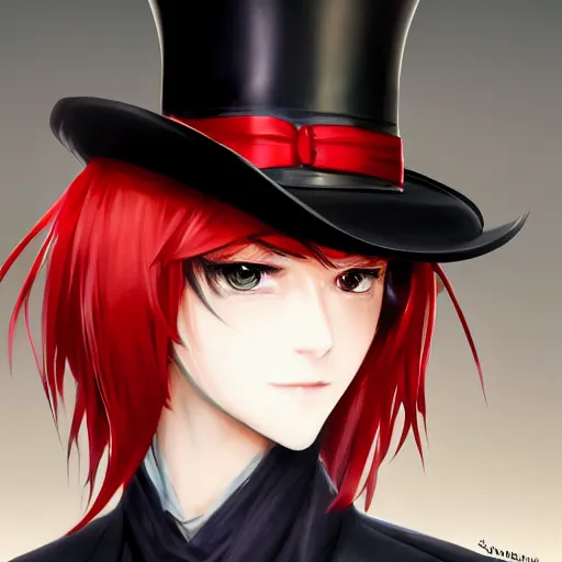 Image similar to semi realistic anime illustration of top hat wearing red haired effeminate man, with beautiful hyperdetailed eyes, facing camera directly, full face portrait made by Stanley Artgerm, WLOP, Rossdraws, James Jean Andrei Riabovitchev, Marc Simonetti, Yoshitaka Amano, Artstation