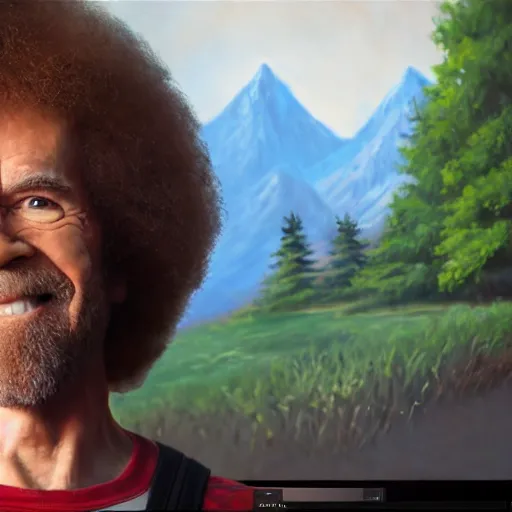 Image similar to a closeup photorealistic photograph of bob ross working on a canvas painting of deadpool. film still. brightly lit scene. mountains and trees. this 4 k hd image is trending on artstation, featured on behance, well - rendered, extra crisp, features intricate detail, epic composition and the style of unreal engine.