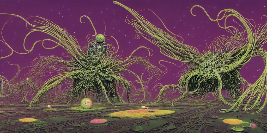 Prompt: the flying spaghetti monster with eyes on antennae flying in the space by roger dean, by masamune shirow, by wayne barlowe, futuristic, portrait, 4 k, wide eyes, hyper detailed, hyperrealism, psychedelic