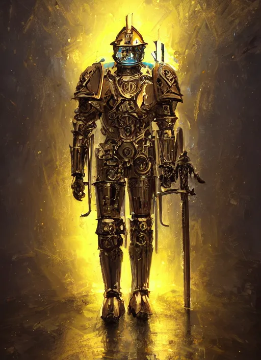 Image similar to dynamic portrait of a intricate glorious holy mechanical warforged character in yellow armor holding a paladin engraved great longsword and carrying a big paladin shield, spotlight from face , epic , trending on ArtStation, masterpiece, cinematic lighting, by John Salminen and by Jackson Pollock and by Marc Simonetti