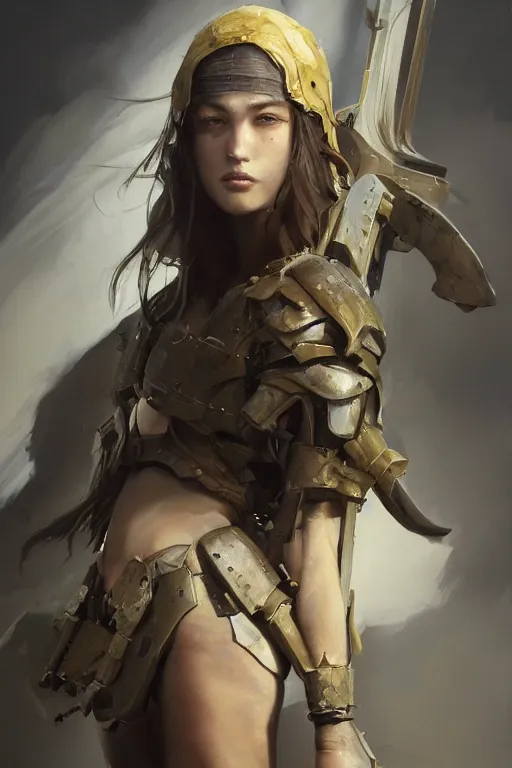 Image similar to a photorealistic painting of an attractive young girl, partially clothed in battle armor, olive skin, long dark hair, beautiful bone structure, symmetrical face, perfect eyes, intricate, elegant, digital painting, concept art, illustration, sharp focus, minimal artifacts, from Metal Gear, in the style of Ruan Jia and Mandy Jurgens, by Greg Rutkowski, trending on Artstation, award winning