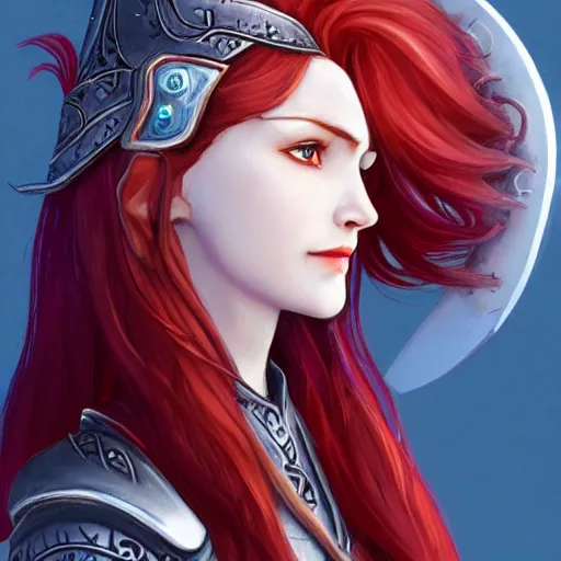 Prompt: beautiful character design of an elven druid with red hair, silver circlet on her head, wearing a leather tunic, slight smile, sideview, d&d, warm lighting, symmetrical face, subtle vibrancy, pathfinder, HD, detailed,