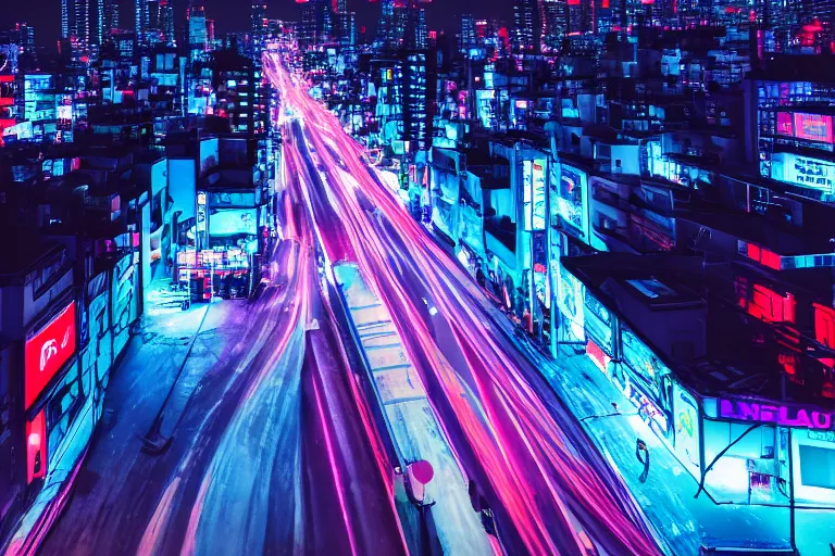 Image similar to aerial photo of neon tokyo street at night futuristic aesthetic matte painting, wallpaper, unsplash, colorful, style of aenami alena, neon blue color, vaporwave,