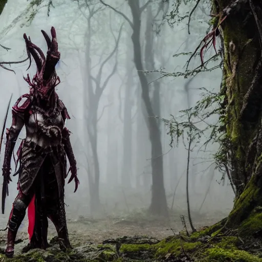 Image similar to High fantasy Yautja in the forests plains of north yorkshire, 4k, Predator Movie, dragon inspired armor