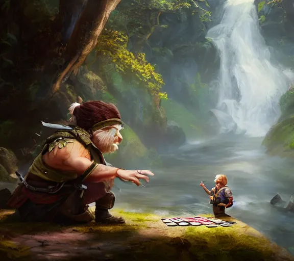 Prompt: fantasy illustration of halfling dice gambling with a white haired dwarf next to a shallow creek, oil painting, greg rutkowski, wlop, highly detailed, colorful, unreal engine, octane render, dramatic lighting, cinematic composition,