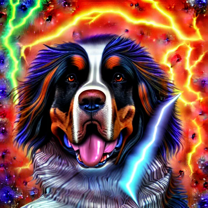 Image similar to an anthropomorphic male bernese mountain dog ( wearing a toga ), shooting lightning bolts, by alex grey, intricate details, artstation, furry, psychedelic, hd, beautiful