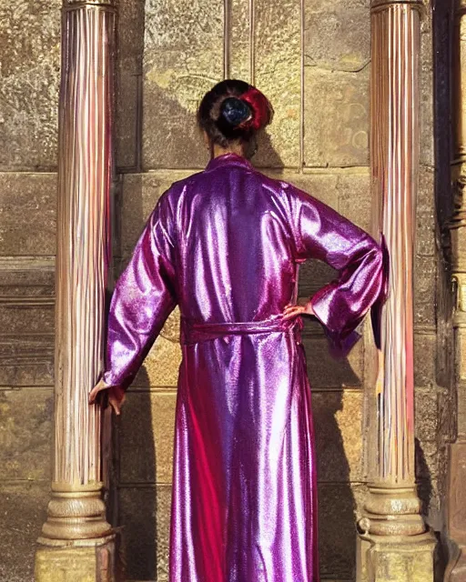 Prompt: a woman in metallic multicolored long robes