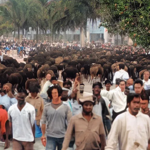 Prompt: one thousand buffaloes in the street, miami, miami vice