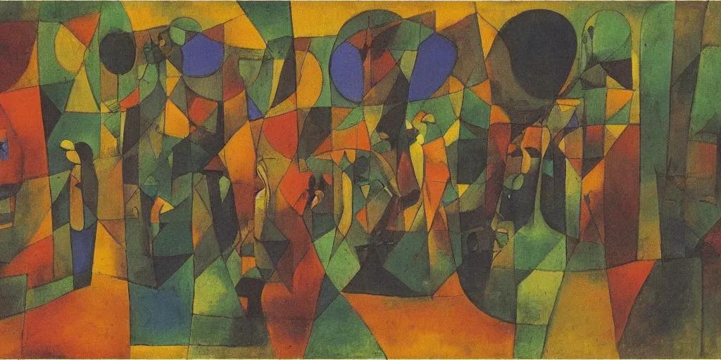 Prompt: oil painting of strange beings in a common space, Paul Klee