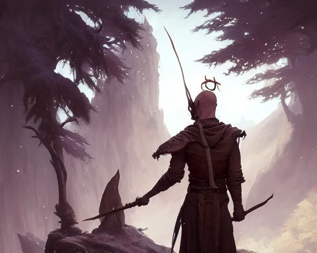 Image similar to highly detailed portrait of daniel radcliffe as a fantasy bald elf holding a magic staff, in skyrim, stephen bliss, unreal engine, fantasy art by greg rutkowski, loish, rhads, ferdinand knab, makoto shinkai and lois van baarle, ilya kuvshinov, rossdraws, tom bagshaw, global illumination, radiant light, detailed and intricate environment