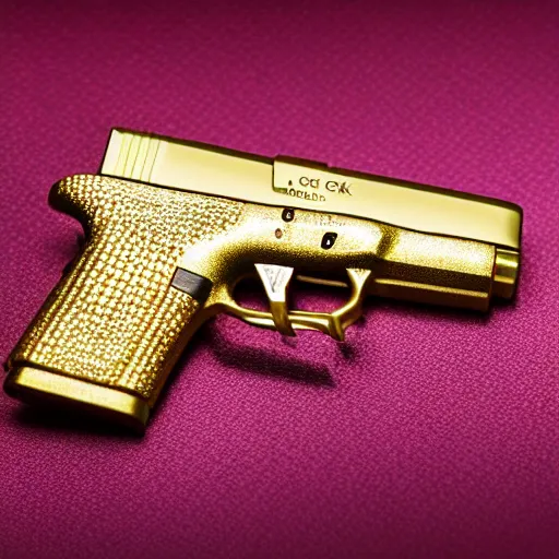 Image similar to a medium shot photograph of a gold glock 18 encrusted with gemstones against a smooth red silk background