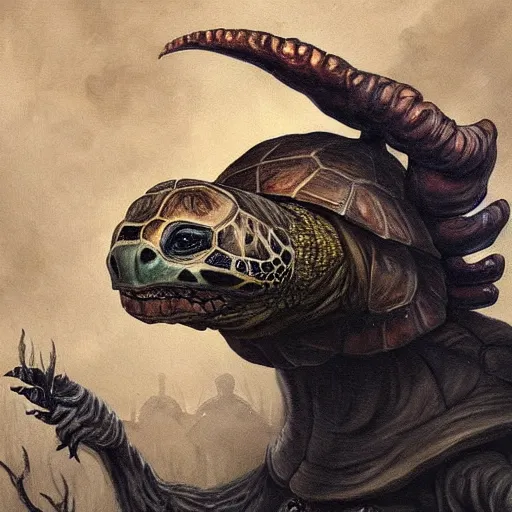 Prompt: an anthropomorphic beastly tortoise. it has long claws. in the style of bloodborne, creepy oil painting, painted by julia lepetite.