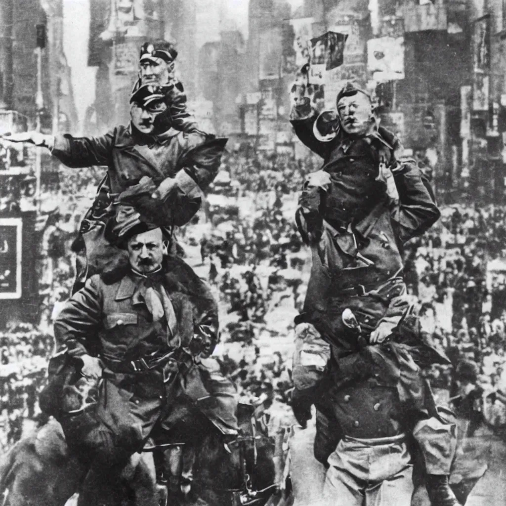 Prompt: adolf hitler riding joseph stalin piggyback on the Times Square