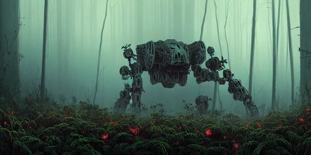 Prompt: grainy risograph matte painting, gigantic huge mech covered with wounds, black, a lot of exotic vegetation, trees, flowers, tall grass, pastel matte colors, staying in the foggy huge dark night forest covered with web and cotton and a lot of glow - worms, by daniel isles, hyperrealism, intricate detailed