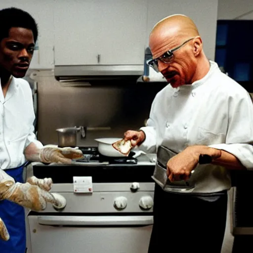 Image similar to Michael Jackson and Walter white cooking in the lab