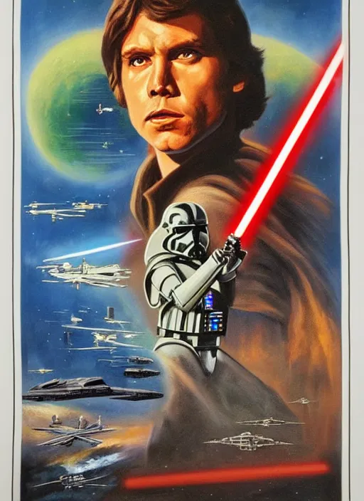 Image similar to 1 9 8 6 poster for star wars. oil on canvas. print.