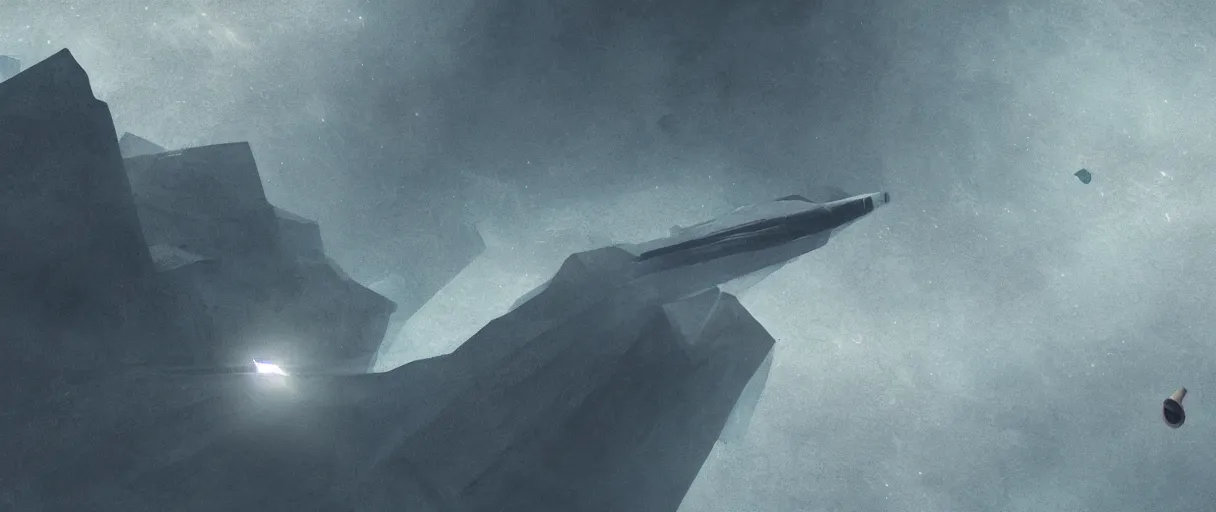 Image similar to concept art, a single lonely spaceship drifting in space, exploring the void, the expanse tv series, industrial design, lost in the immensity of space, spatial phenomenon, space debris, cinematic lighting, 4k, greebles, widescreen ratio, wide angle, beksinski, sharp and blocky shapes