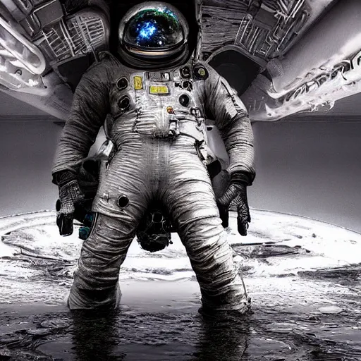 Prompt: infrared concept art by craig mullins astronaut in futuristic dark and empty spaceship underwater. complex and hyperdetailed technical suit. mandelbulb fractal. reflection and dispersion materials. rays and dispersion of light. volumetric light. 5 0 mm, f / 3 2. noise film photo. flash photography. octane render. interstellar movie art