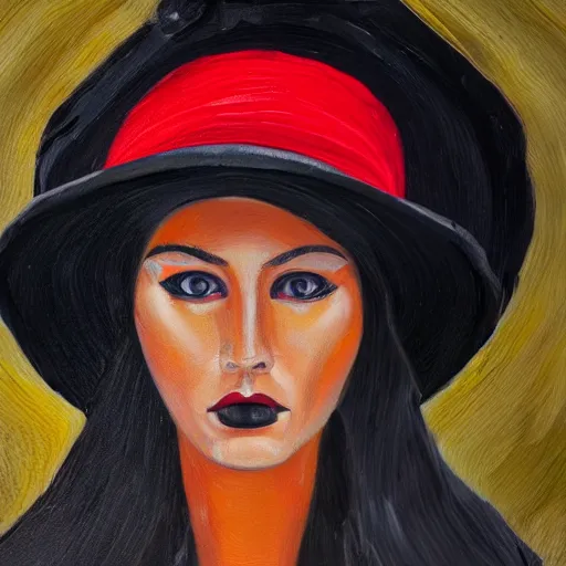 Prompt: oil painting of a tall woman with a black sunhat in the desert, black and red jacket, beautiful face, pretty face, very detailed eyes, very detailed face, feminine face, full body