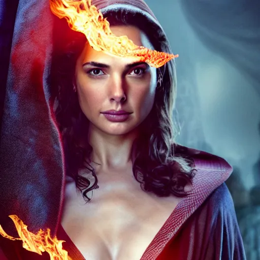 Prompt: gal gadot as a wizard with a robe casting fire spells, depth of field, zeiss lens, detailed, symmetrical, centered, fashion photoshoot, by Annie Leibovitz and Steve McCurry, David Lazar, Jimmy Nelsson, Breathtaking, 8k resolution, extremely detailed, beautiful, establishing shot, artistic, hyperrealistic, beautiful face, octane render