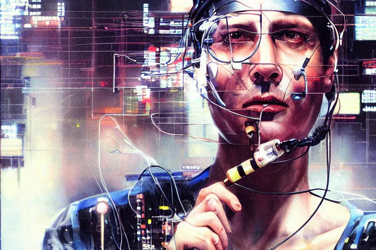 Prompt: man with wires on his head and a cigarette in his mouth, cyberpunk art by noriyoshi ohrai, behance contest winner, panfuturism, circuitry, darksynth, future tech