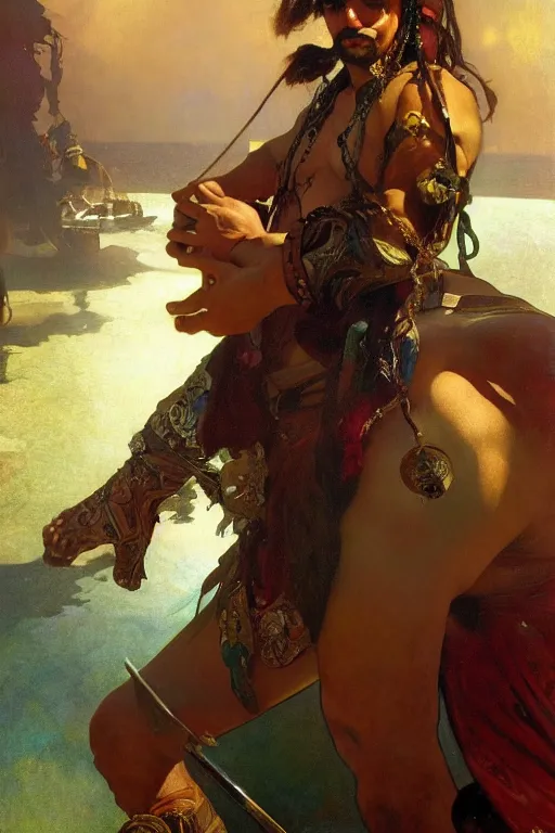 Prompt: hyperrealist portrait of a pirate sultan stepping on a treasure of gems and mythical animals. by jeremy mann and alphonse mucha, fantasy art, photo realistic, dynamic lighting, artstation, poster, volumetric lighting, very detailed faces, 4 k, award winning