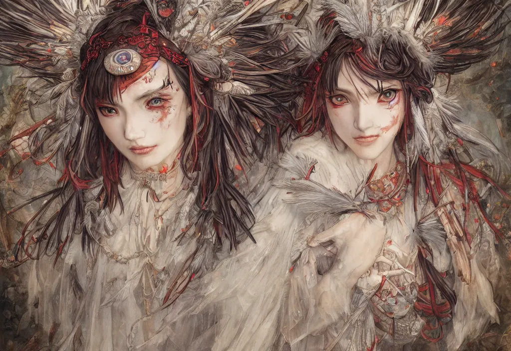 Prompt: breathtaking detailed painting of full size mononoke princess, by ayami kojima and brom, gauze angel dress, detailed realistic facial features, amalgamation of embers and feathers, 8 k, concept art, matte, sharp focus, rembrandt style