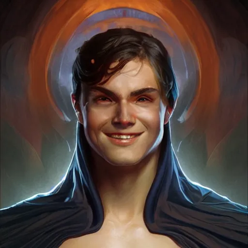 Prompt: character concept, portrait, symmetrical head - on centralized, laughing young man with dark cape. detailed, high quality, dynamic lightning, fantasy, scenematic. artwork by artgerm, wlop, alex ross, greg rutknowski, alphonse mucha