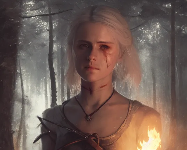 Image similar to 5 5 mm portrait photo of a real life tough looking battle hardened ciri with a thin face and a large scar across her left cheek, in a magical forest. dark atmosphere. art by greg rutkowski. highly detailed 8 k. intricate. lifelike. soft light. nikon d 8 5 0.