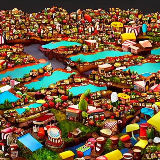 Image similar to A town made out of food with popcorn rain and chocolate ponds, in the style of Charlie and The Chocolate Factory, cgsociety