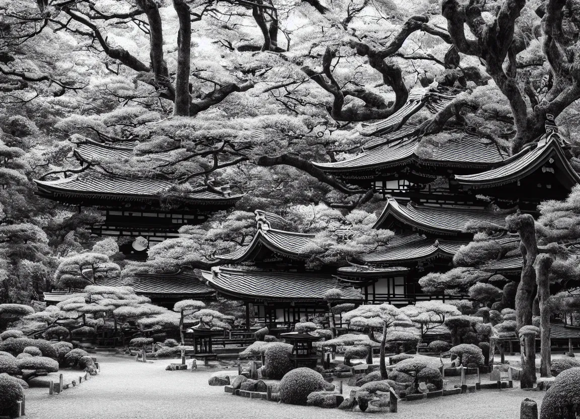 Image similar to realistic forest with an ancient Japanese shrine, Japanese Style, Monochrome, Plotter-art