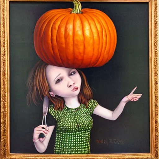 Image similar to Girl eats a giant pumpkin, painting by Mark Ryden