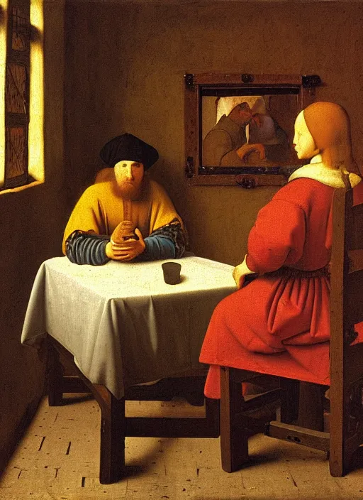 Image similar to young man at the table with young pretty blonde girl at the crowded tavern in the evening. medieval painting by jan van eyck, johannes vermeer