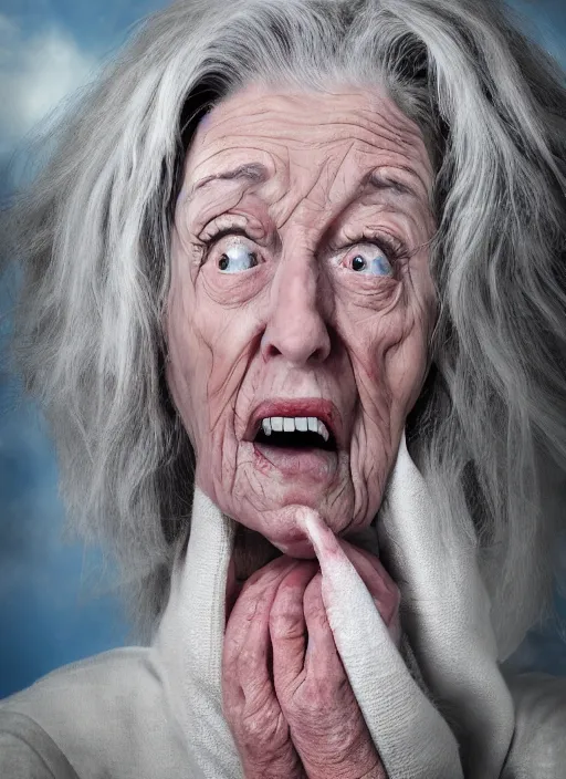 Prompt: a hyper realistic ultra realistic photograph of the 1000 foot tall terrified grandma, highly detailed, 8k photo