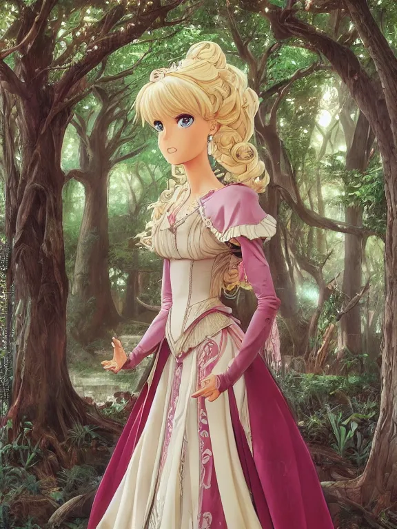 Image similar to anime key visual of barbie wearing a medieval gown!! intricate, magical forest, stunning, highly detailed, digital painting, artstation, smooth, hard focus, illustration, art by artgerm and greg rutkowski and alphonse mucha