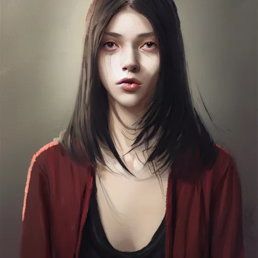 Prompt: portrait of a young woman by greg rutkowski, she is about 2 0 years old, mixture between russian and japanese, pretty, black bob hair with two strands around her face, very tall and slim, wearing a oversized jumper jumpsuit, highly detailed portrait, digital painting, artstation, concept art, smooth, sharp foccus ilustration, artstation hq