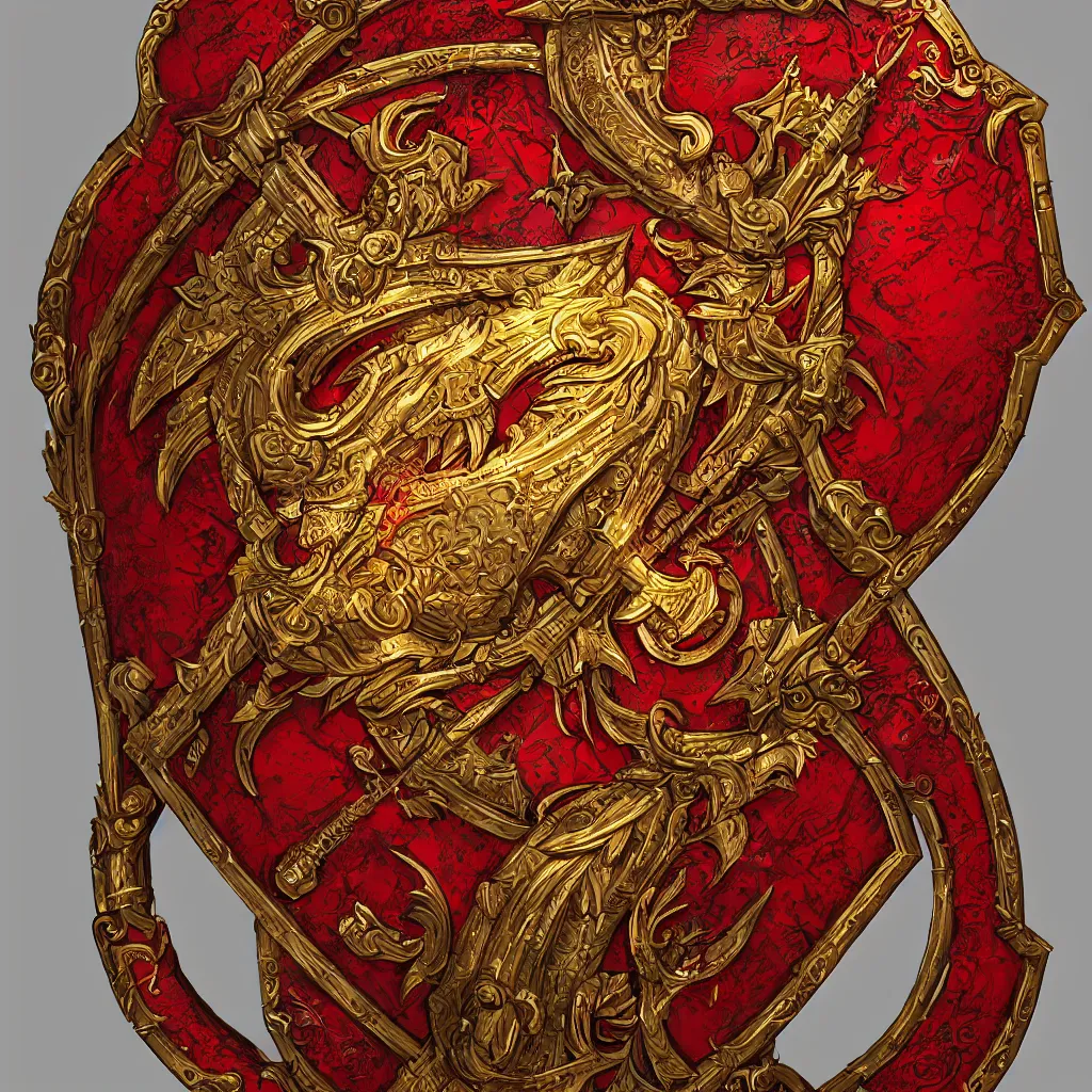 Prompt: hyper detailed legendary roman shield, red and gold, ornated, concept design, by greg rutkowski and unreal engine 5