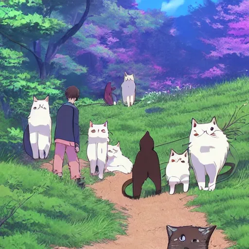 Image similar to multiple cats hiking the Appalachian trail, anime scenery by Makoto Shinkai and ghibli, wholesome digital art