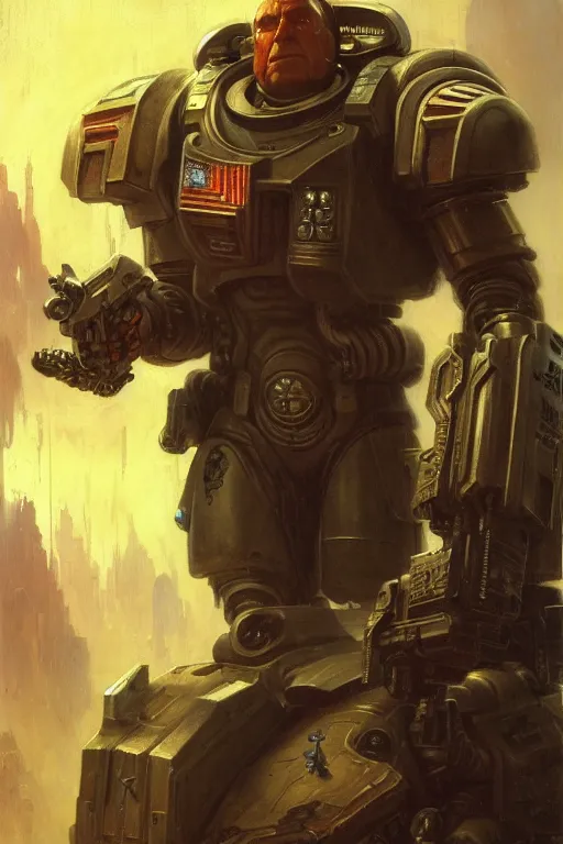 Image similar to character portrait cyberpunk starcraft terran warhammer 4 0 k space marine harrison ford, character design, painting by gaston bussiere, katsuya terada, frank frazetta, tom of finland, trending on artstation