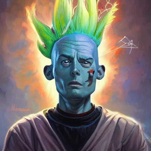 Image similar to lucky mohawk projector portrait by gaston bussierre and charles vess and james jean and erik jones and rhads, inspired by rick and morty, epic, funny, huge scale, beautiful fine face features, intricate high details, sharp, ultradetailed