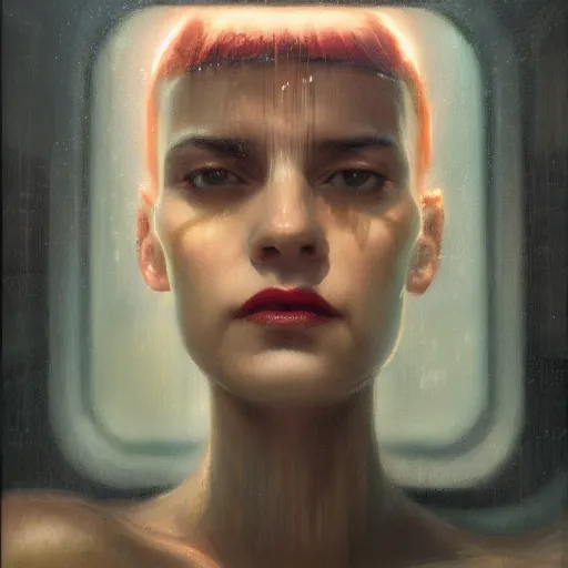 Prompt: detailed face of a woman, moment, cyberpunk cloisters, electronic billboards, tech noir, wet reflections, atmospheric, ambient, pj crook, livia prima, greg rutkowski, edward hopper