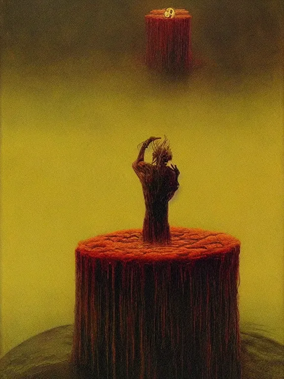 Image similar to aspic on plate, art by beksinski, bernie wrightson, trending on artstation, optical illusion, horror film, creepypasta